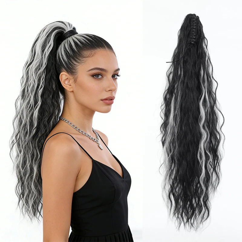 AOOSOO Synthetic Water Ponytail Hair Extension Clip On Woman's Ponytail Hair Accessories Long Curly Wig Natural Curly Black