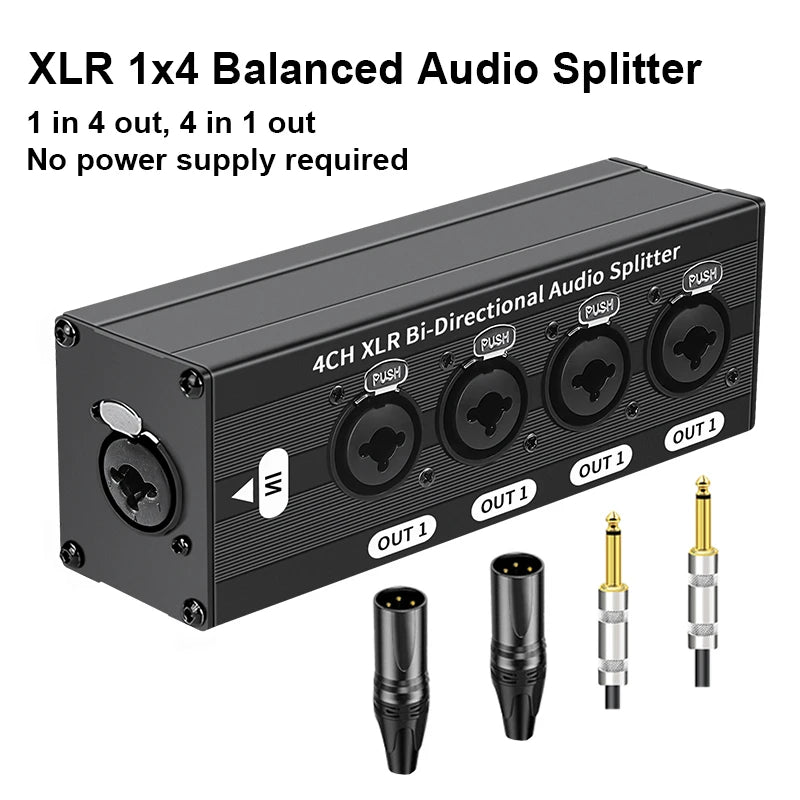 HTA004P-1X4 XLR Balanced Audio Splitter Box 6.5 XLR 1 In 4 Out Bidirectional Signal Splitter Audio Signal Splitter Box