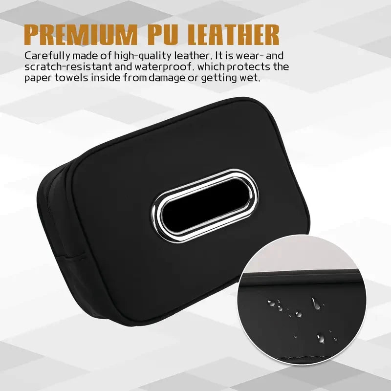 Universal Black Leather Car Tissue Bag with Chrome Metal Opening Hanging Headrest Napkin Box Cover
