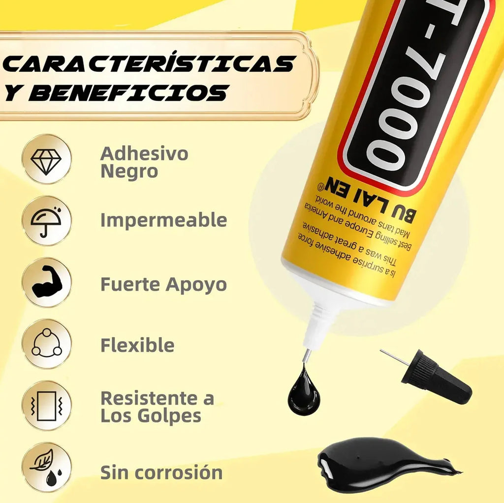 Black T-7000 glue, a semi-fluid black adhesive for precision repairs of crafts, electronics, phone screen replacements, do-it-yourself or DIY jewel making, and glass, wood, metal, and stones.
