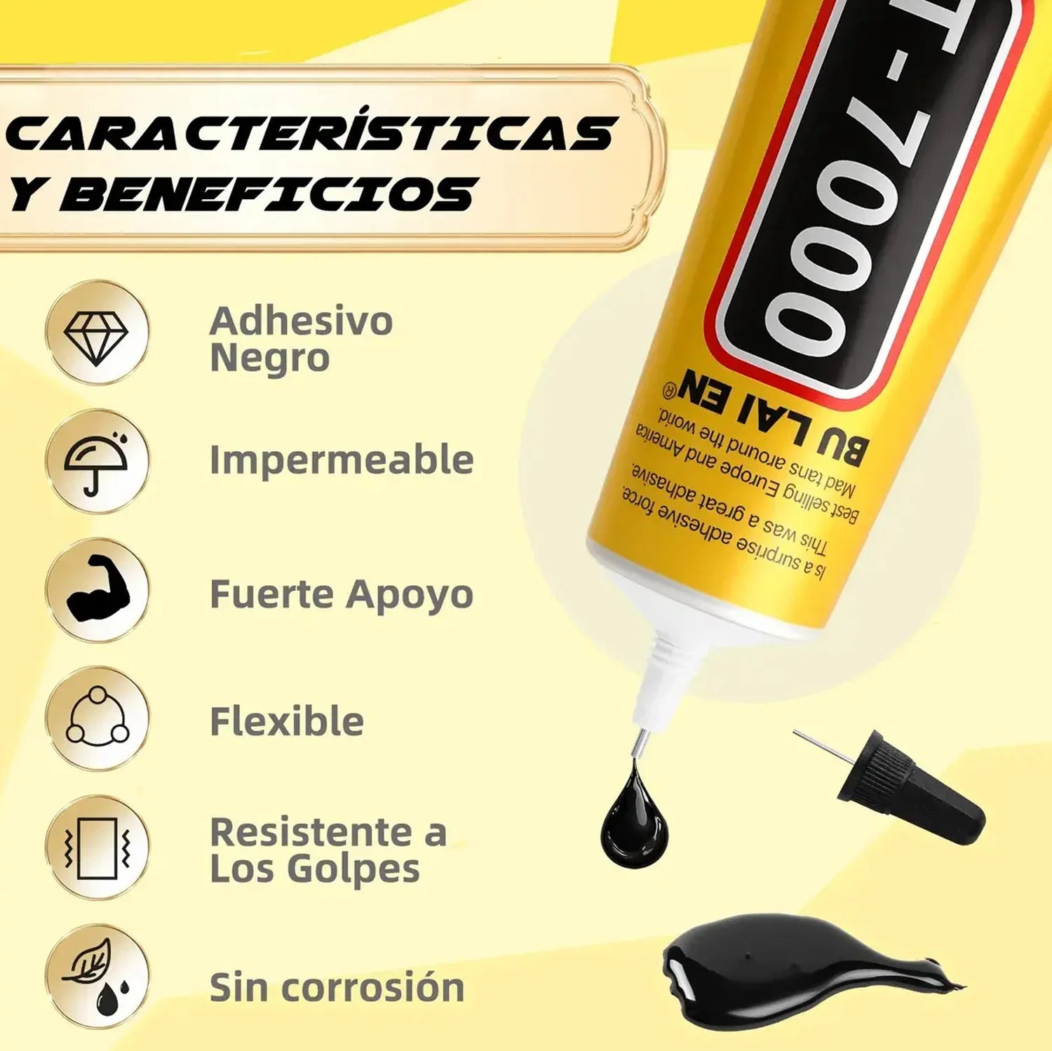 Black T-7000 glue, a semi-fluid black adhesive for precision repairs of crafts, electronics, phone screen replacements, do-it-yourself or DIY jewel making, and glass, wood, metal, and stones.