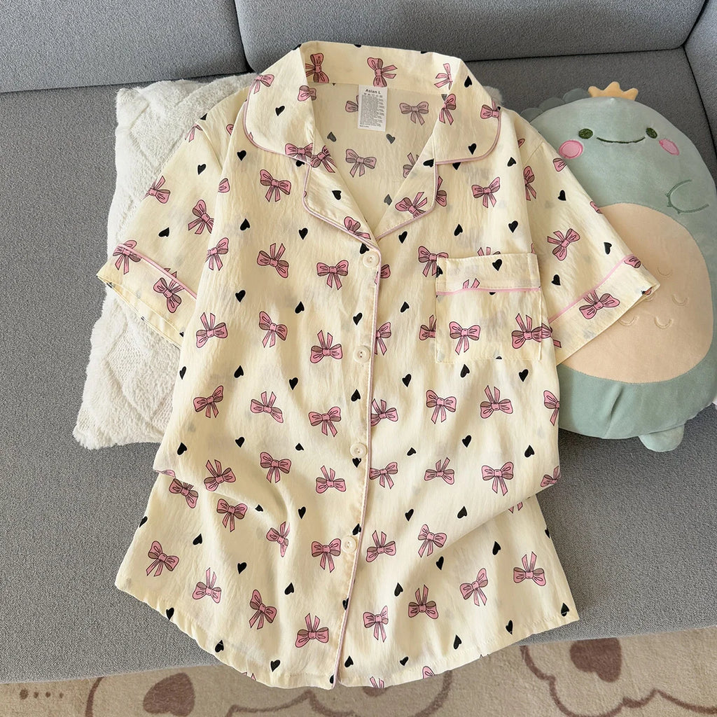 Women's Summer Pajamas, Thin Style with Bow Pattern, Short-Sleeved Shorts, Sweet and Cute, Can Be Worn Outside in Summer, Home Wear Set, Two-Piece Set