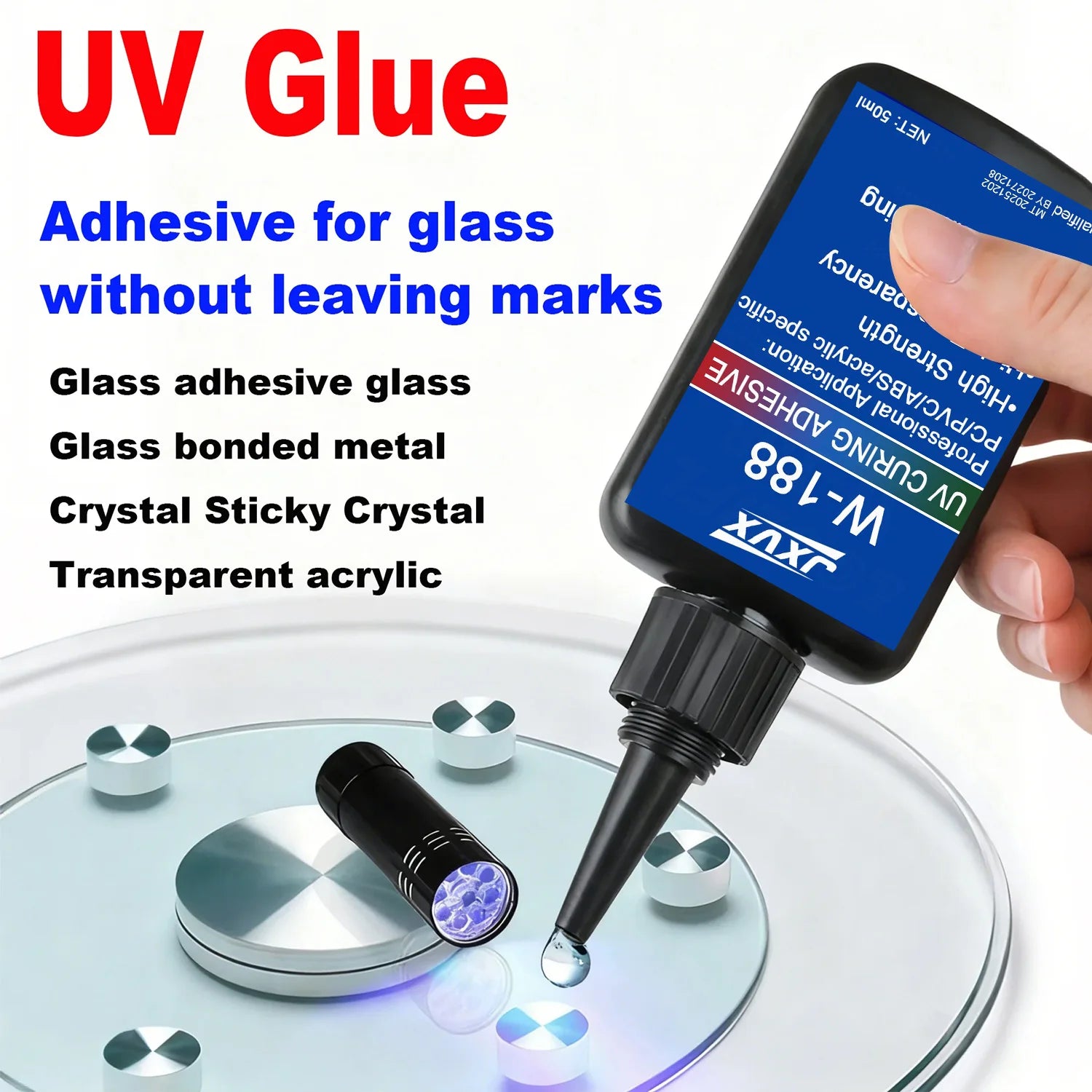 50ml W-188 Super Strong UV Glue Curing Adhesive UV Curing Crystal Glass lace glue and crystals Metal ABS Bonding Welding With UV curing lamp.