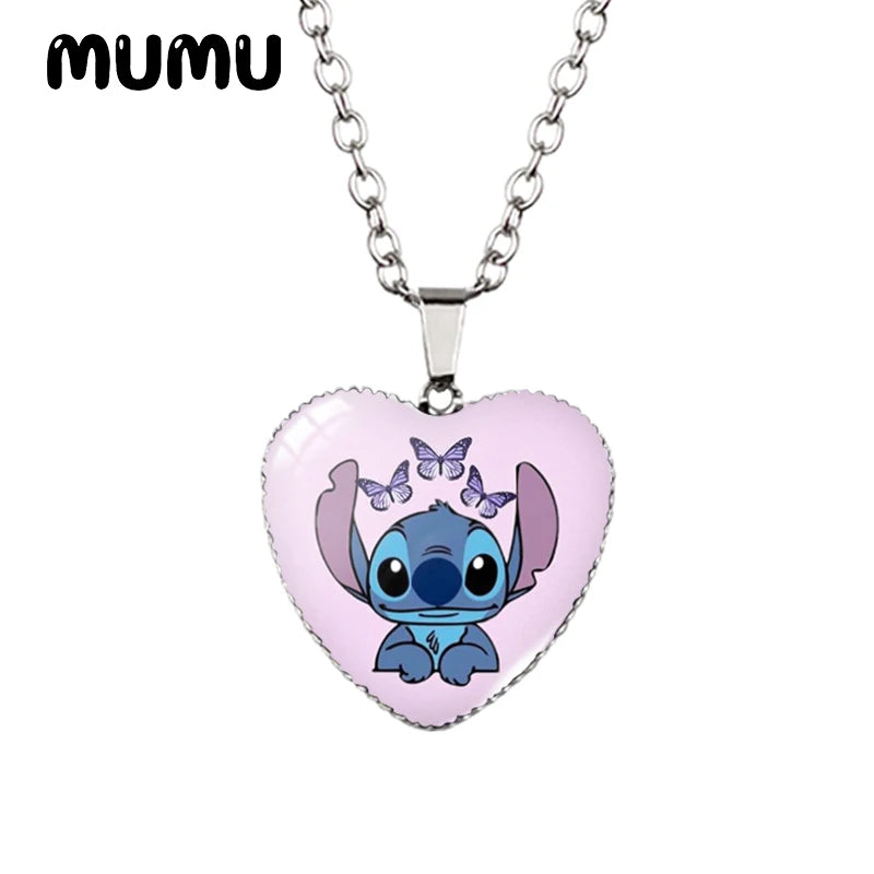 2024 New Lilo Stitch Angle Heart Necklace Glass Printed Photo Pendant Handmade Jewelry Gifts Children