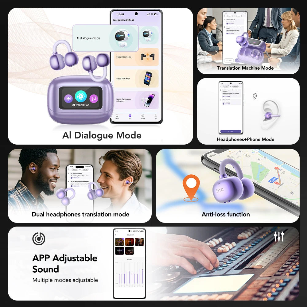 HTC Wireless Bluetooth Earphones NE54 Earclip AI Translator Earbud Smart Touch Screen HIFI Music Bone Conduction Headphones