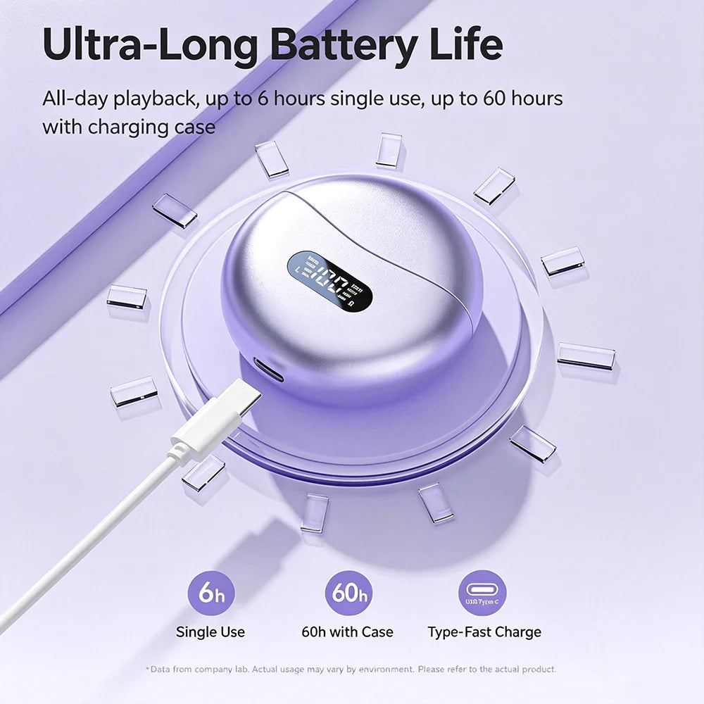 KEBIDUMEI Open Ear Bluetooth 5.4 Earphones Ear Clip Wireless Earbuds ENC Sports Noise Cancelling Headsets LED Display Headphones