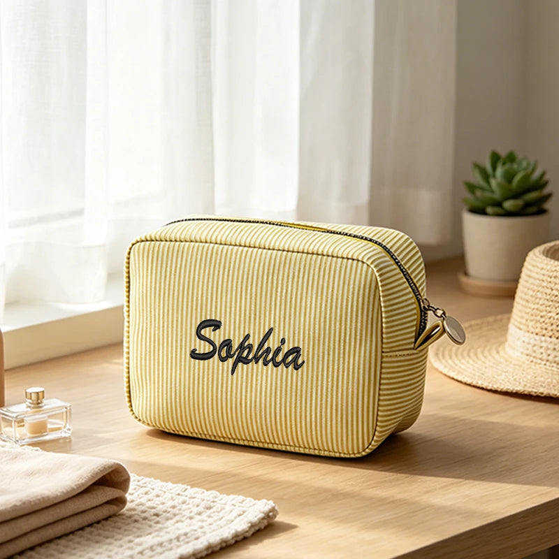 Customised Embroidery/Standard Style 2 Options, High-Look Striped Clutch, Large Capacity Makeup Bag, Back-to-School Season! Gift