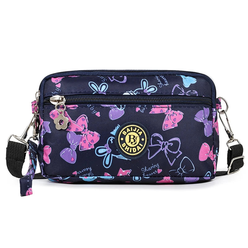 Lightweight Utility Crossbody Bag Durable Nylon Canvas Floral Print Multi Compartment Secure Zipper Women Travel Handbag