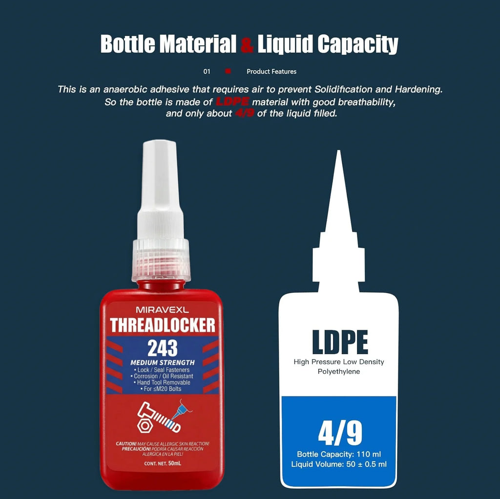 MIRAVEXL 243 Threadlocker Medium Strength Anaerobic Adhesive Antiloose Screw Glue Oil Resistant Fastener Sealant 10ml 50ml