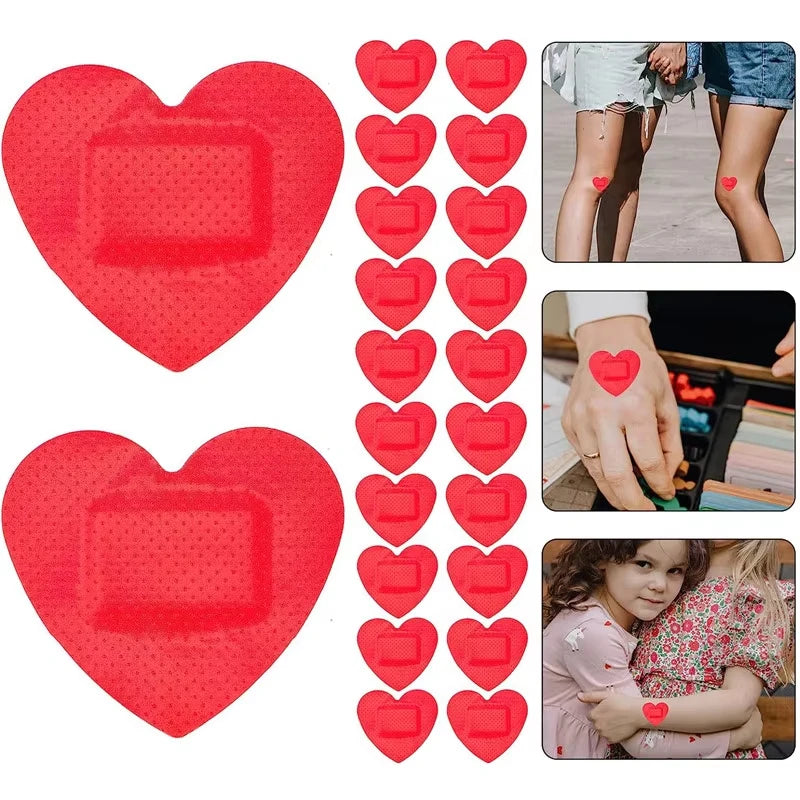 20/50PCS Red Heart-Shaped Adhesive Bandages - Waterproof Breathable Wound Dressing Plasters Skin Tape for Kids & Adults