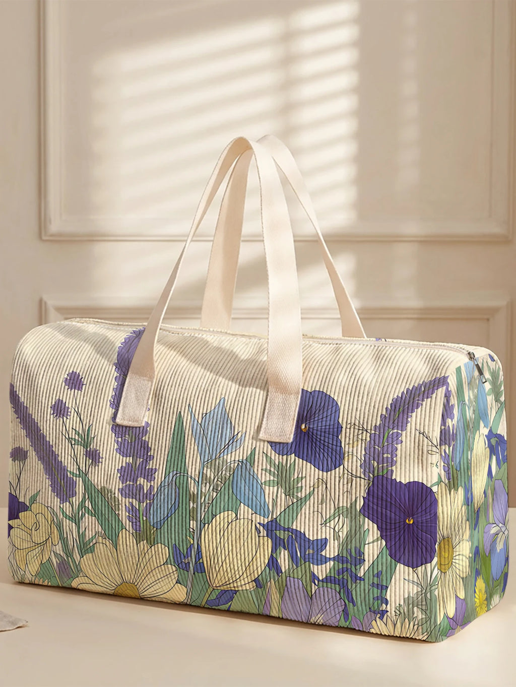 1pc, Two styles, Purple Wildflower Printed Corduroy Duffle Bag Portable Handbag suitable for Weekend Trip Sports Shopping