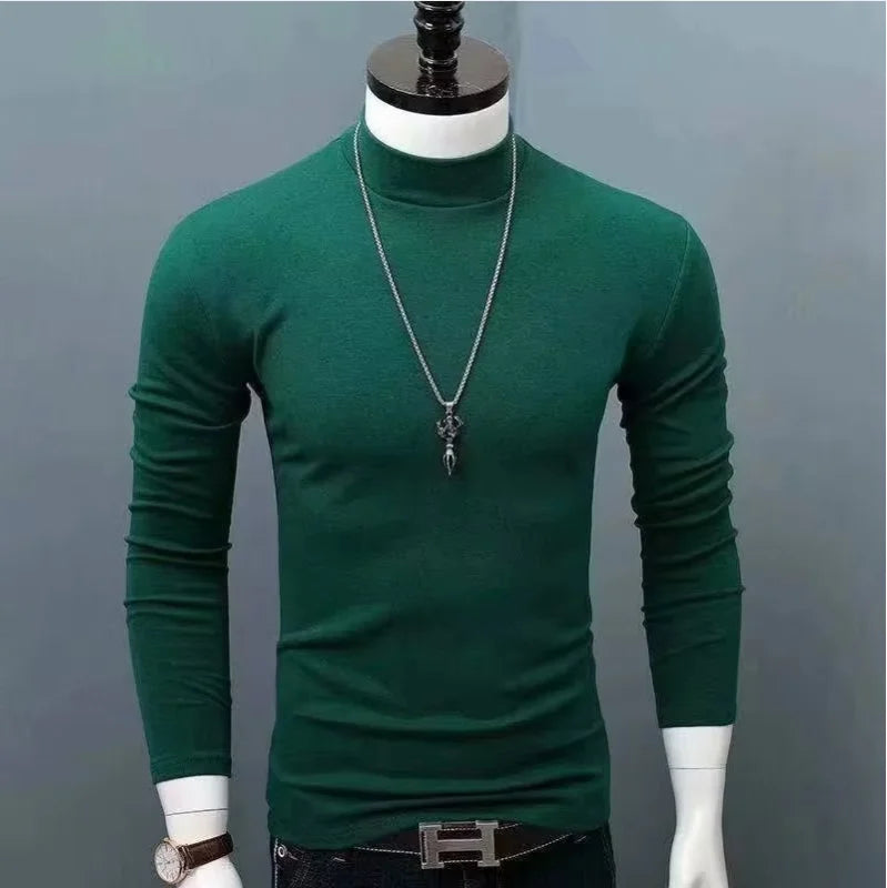 2026 Autumn Winter Men's High Neck T-shirt Slim Fit Fashion High Elastic Long Sleeve Cotton Casual Breathable Apparel Pullover