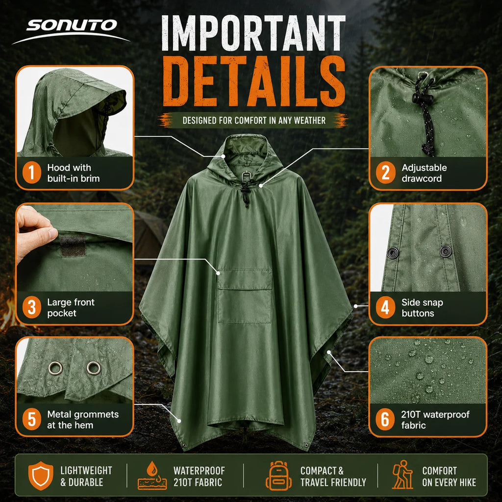 Sonuto Multifunctional Waterproof Camping Mat Rain Poncho Hooded Tarp Tent Ground Footprint Pack Cover Hiking Outdoor Shelter