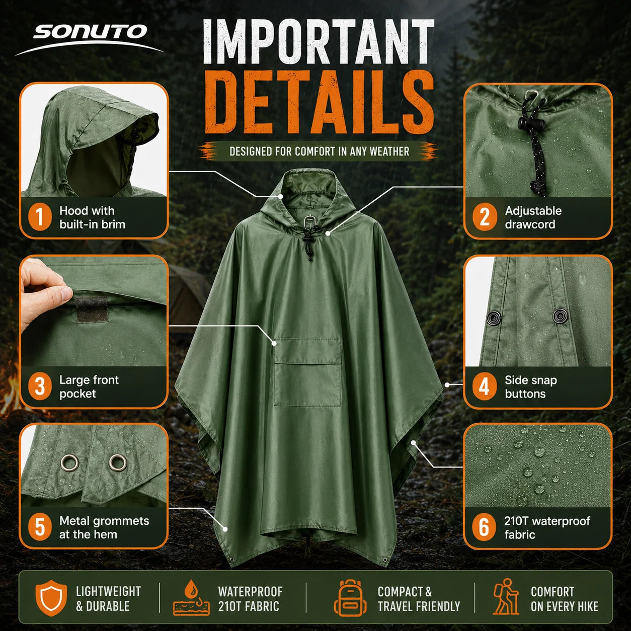 Sonuto Multifunctional Waterproof Camping Mat Rain Poncho Hooded Tarp Tent Ground Footprint Pack Cover Hiking Outdoor Shelter