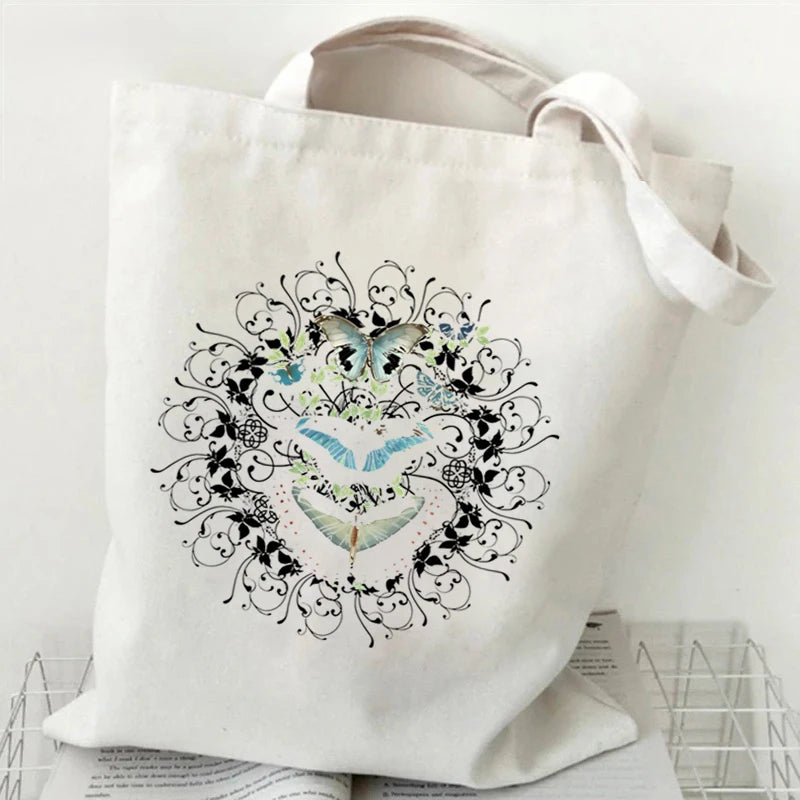 Flower Butterfly Design Canvas Shopping Bag Hot Selling Fashion Reusable Women Tote Bags Butterfly Lover Folding Shopping Bags