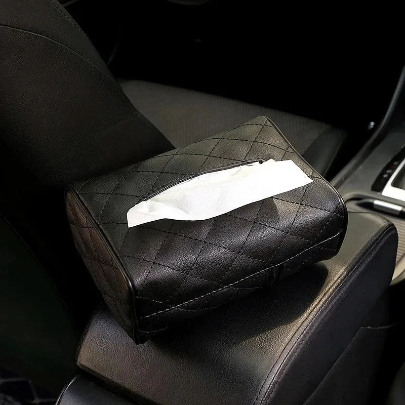 Solid Color Checkered Leather Wear-Resistant Tissue Box Car Seat Back Sunshade Hanging Tissue-Bag Buckle Strap Easy Installation