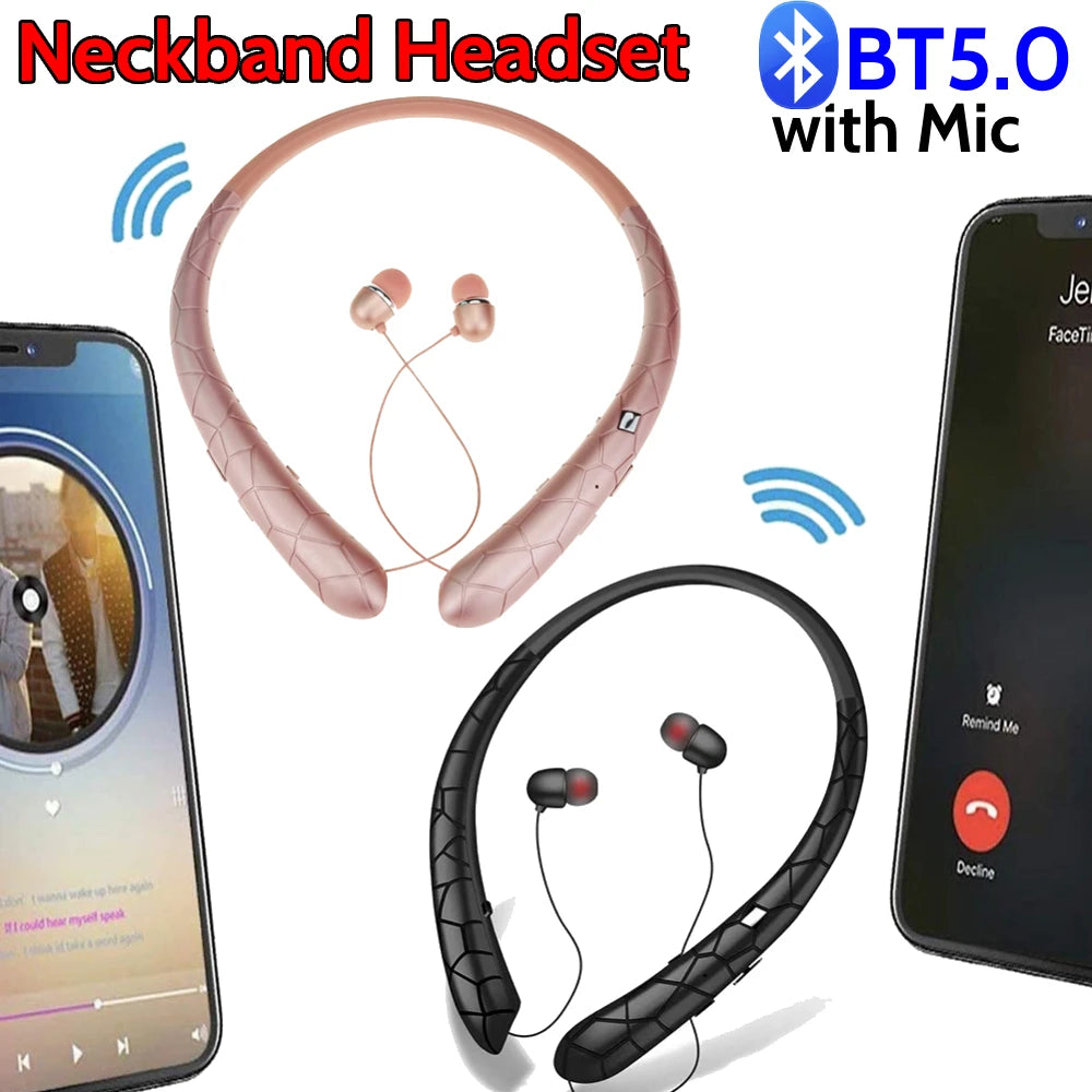 Neckband Headset Noise Canceling Workout Headphones Bluetooth-Compatible5.0 Retractable Earbuds with Mic for iPhone/Samsung/LG