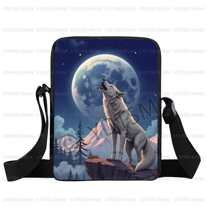 Cool Moon and Howling Wolf Print Crossbody Bag Women Handbag Student Bookbags Phone Wallet Holder Messenger Bags Gift