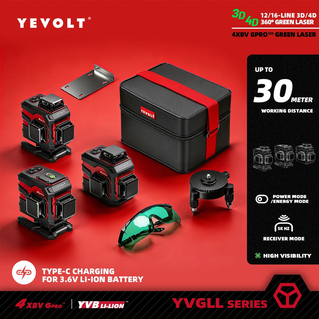 YEVOLT Green Laser Level 3/4-Plane 12/16-Line Self-leveling 360 3D/4D Horizontal & Vertical Power Measuring Tool YVGLL4XS-Series