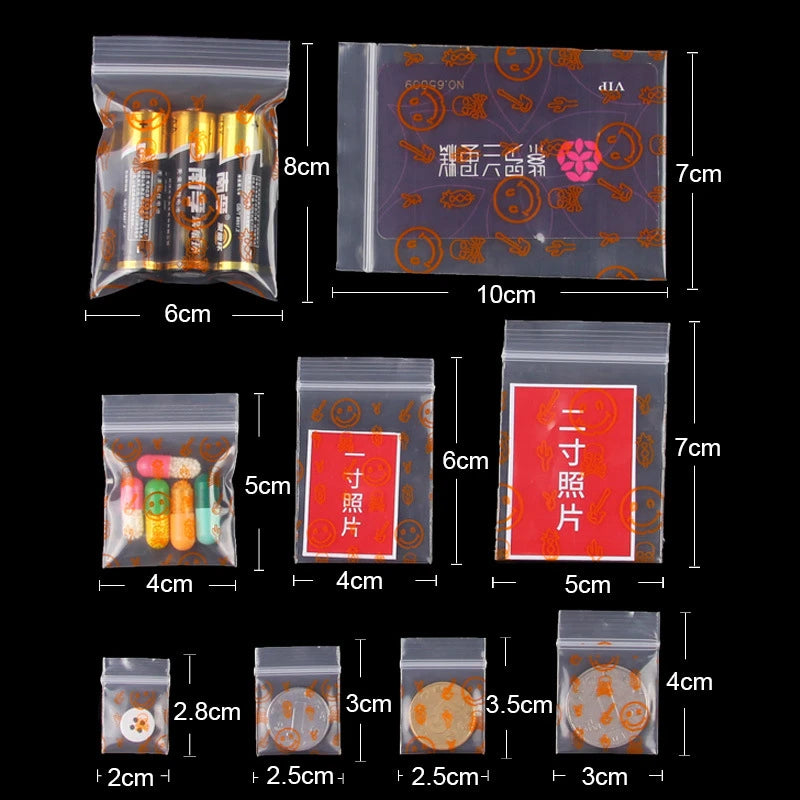 StoBag 100pcs Cartoon Transparent Mini Zipper Plastic Bags Small Sealing Jewelry Packaging Pouch Storage Waterproof Reusable