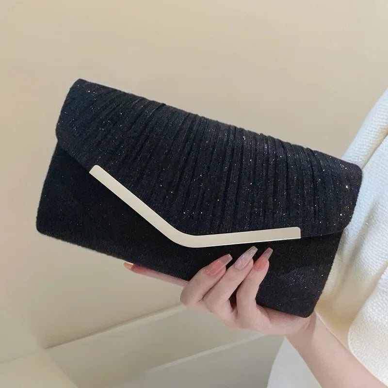 Shiny Pleated Shoulder Crossbody Bag Elegant Glitter Envelope Clutch Bag with Detachable Chain Strap for Evening Party & Wedding