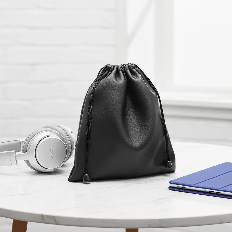 1Pcs Durable Black Dust-proof Drawstring Bag Draw String Bag Headphone Bags PU Leather Headset Bag Durable Multi Purpose Storage
