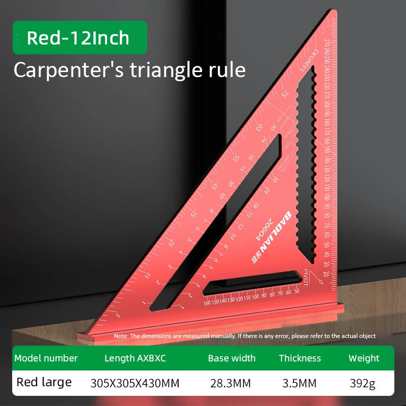 7/12Inch Triangle Ruler High-Precision 90 Degree Woodworking Angle Ruler Metric and Imperial Aluminium Alloy Woodworking Tools