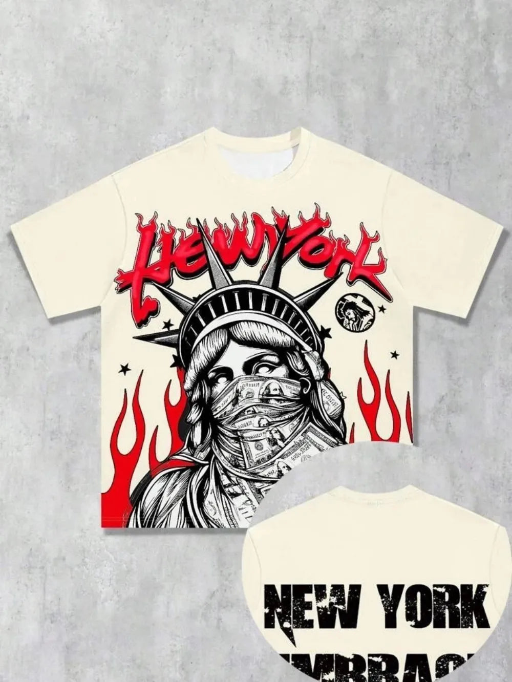 New Men's Summer Statue of Liberty Printed Comfortable Breathable Round Neck T-shirt Drawstring Shorts Set Outdoor Street Wear