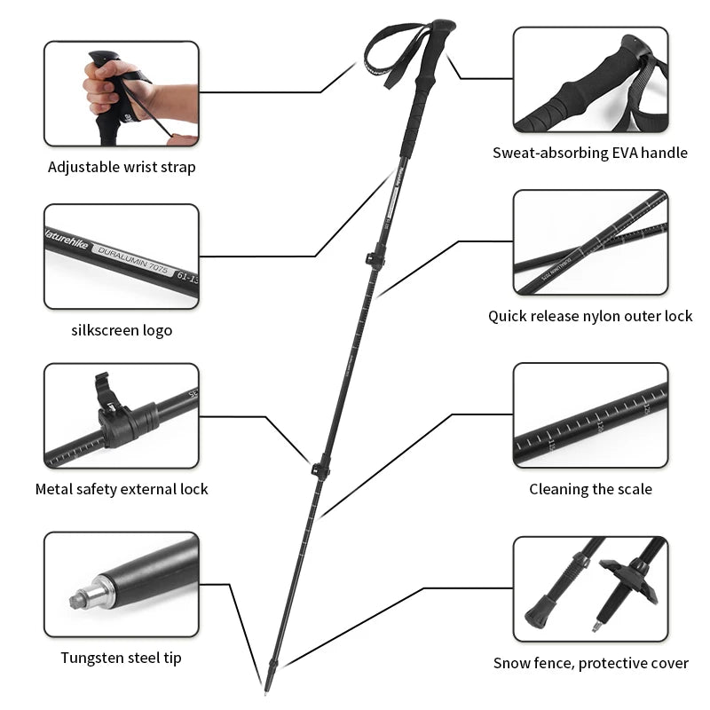 Naturehike ST03 Snow Pro Trekking Poles Outdoor Aluminum Alloy Camping Hiking Cane External Lock Telescopic Climbing Equipment
