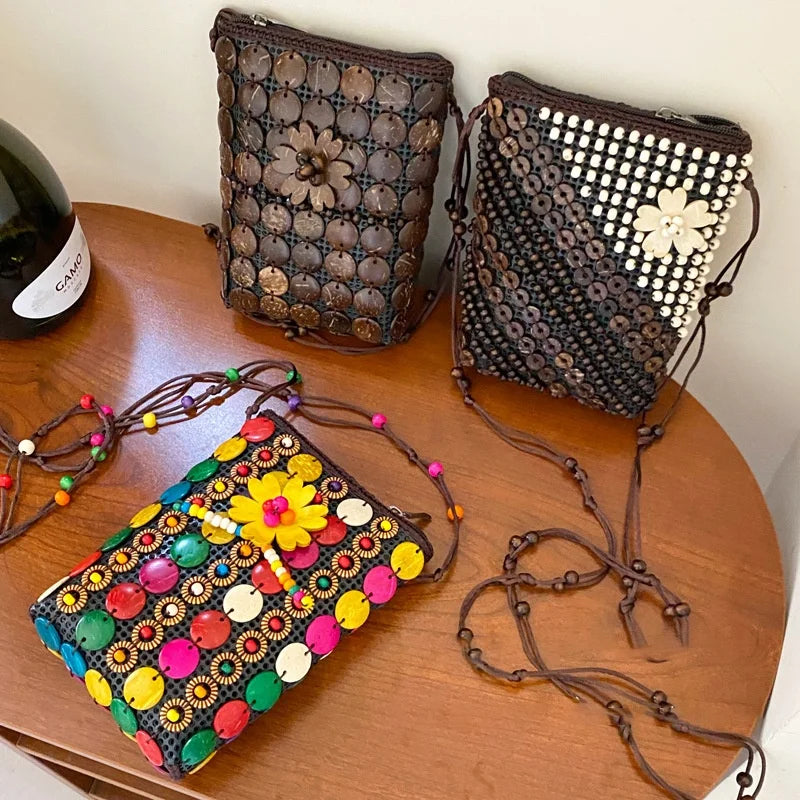 Bohemian Mini Phone Bag Women Summer Flower Coconut Shell Woven Bags 2026 New Thailand Vietnam Travel Tribal Style Coins Purse