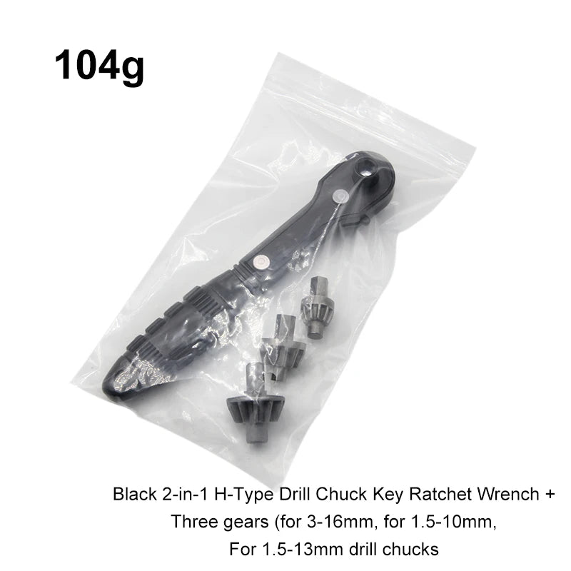 Black H-Shaped Drill Chuck Ratchet Key Wrench 2-in-1 Multi-Specification 1.5-16mm Hand Tool for Home Improvement