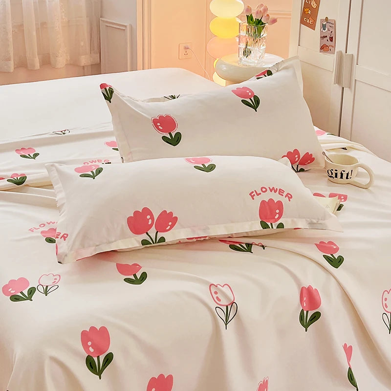 1PC or 3PCS Bed Flat Sheet Pillowcases Bed Cartoon Printed Top Sheets Single/Queen/King Flat Bedsheets Home Bed Linen Sheets
