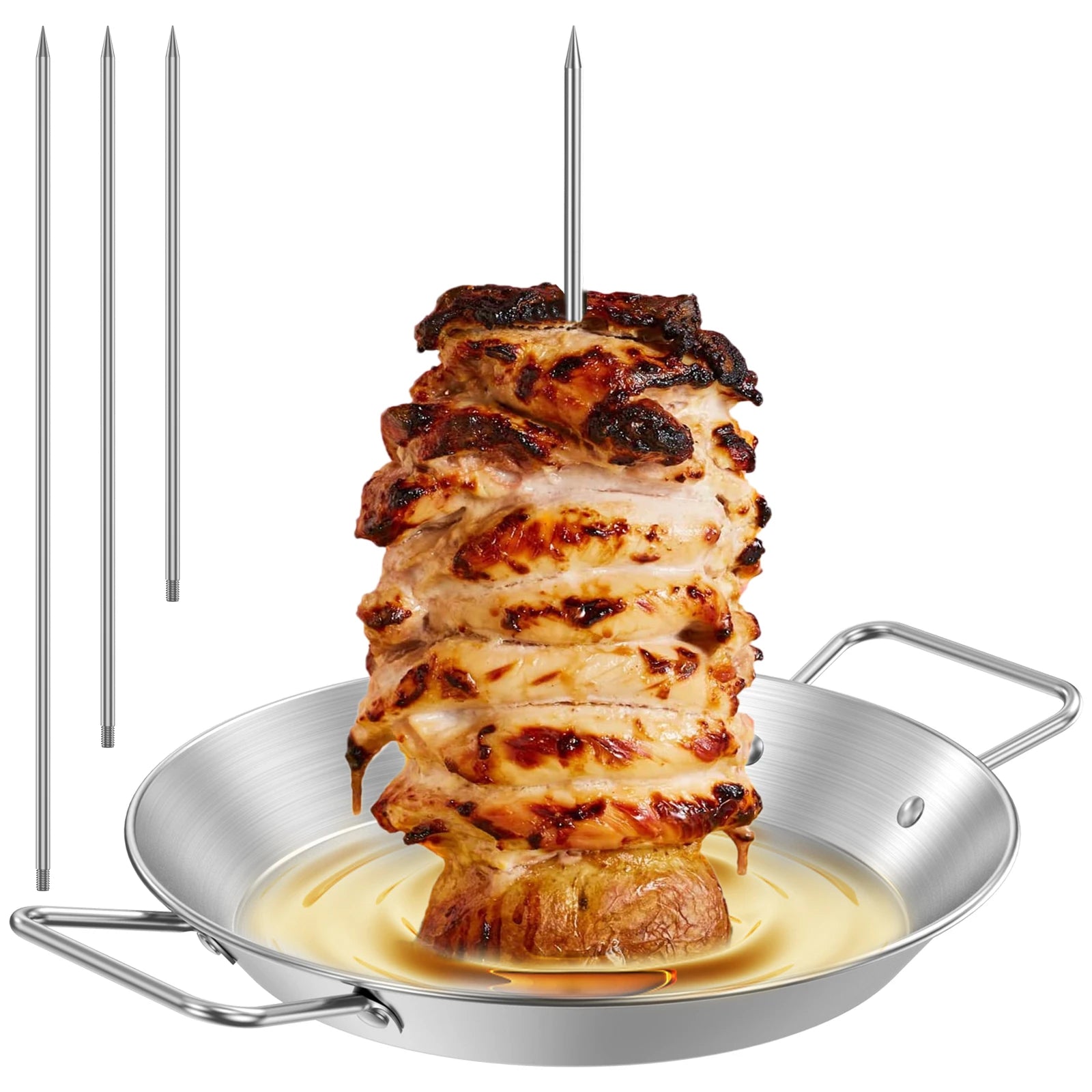 Stainless Steel Vertical Skewer BBQ Heavy Duty Stand Up Barbecue Skewers Roasting Drip Pan Chicken Roaster Rack Outdoor Garden