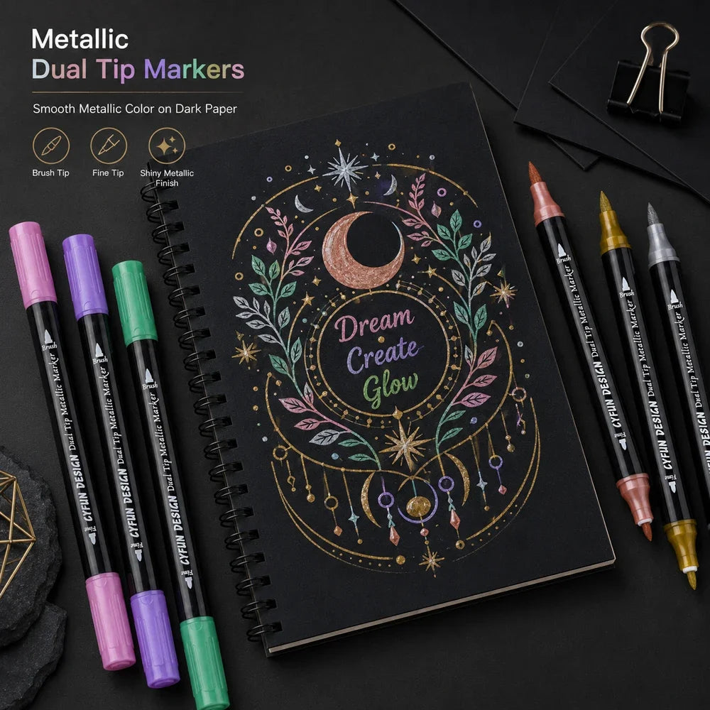 Dual-Tip Metallic Acrylic Markers 2 in1 Fine&Brush Tip Paint Pen for Black Paper,Rock Painting,Glass Craft,Card Making Scrapbook