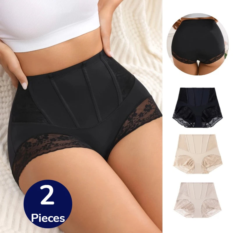 BZEL 2PCS Women's Shaper Panties High-Waist Lace Sexy Lingerie Shapewear for Women Wrap The Hips Briefs Fishbone Waist Slimming