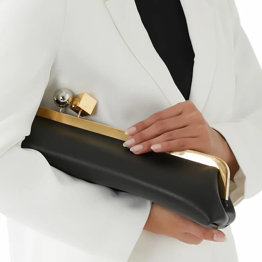 women kisslock frame bag design black clasp pouch clutch purse evening dinner party bag 2026 new microfibe leather shoulder bag