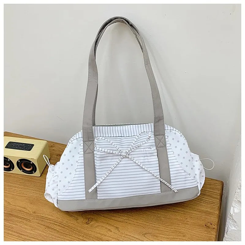 Women's Striped Star Print Shoulder Duffle Bag, Casual Handbag for Daily Outing Short Trip Gym