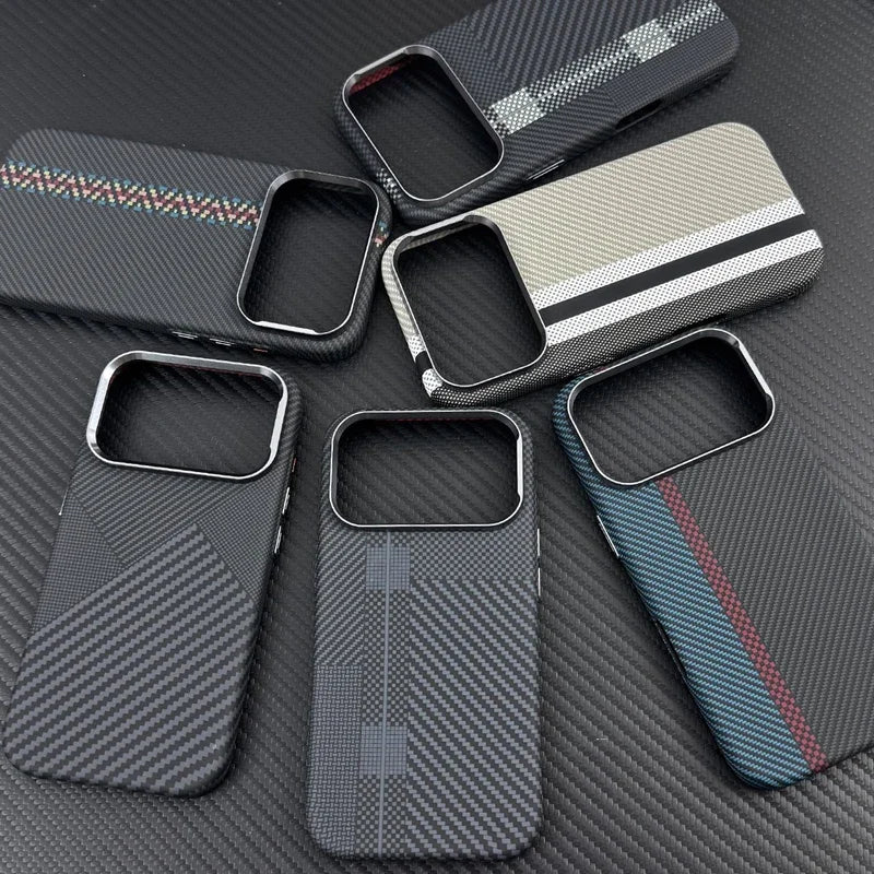For Magsafe Carbon Fiber Texture Armor Case For iPhone 17 17Pro Max 16 Pro Ultrathin Alloy Lens Wireless Charge Hard Cover Coque