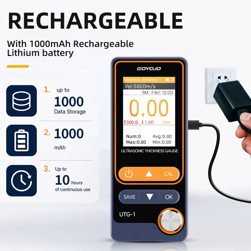 UTG-1 Ultrasonic Thickness Gauge 1-300mm ±0.4% Accuracy for Metal/Steel with Sound Velocity Measurement 1000 Data Storage