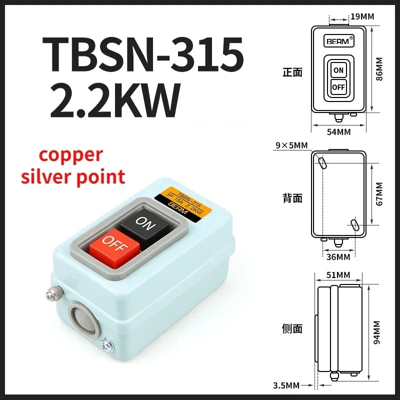 OMCH Push Button Power Switch Three Phases Power Control Start Switch AC 380V 15A 3P 2.2KW TBSN-315 TBSS-315