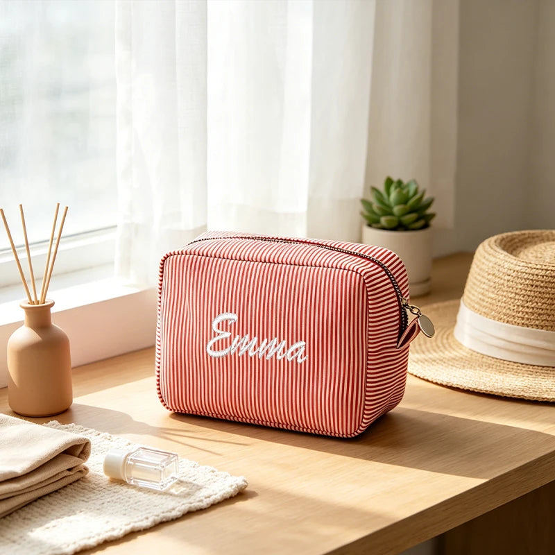 Customised Embroidery/Standard Style 2 Options, High-Look Striped Clutch, Large Capacity Makeup Bag, Back-to-School Season! Gift