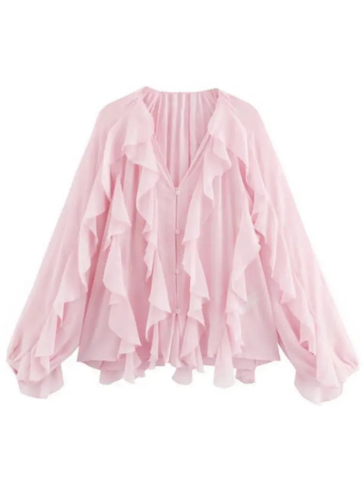 2026 Summer Chic Women's Elegant Loose Long Sleeve Layered Shirts Office Lady Vintage V-neck Translucent Tierred Ruffles Blouses