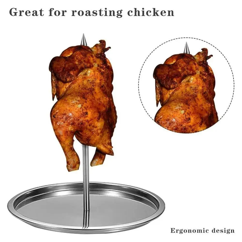 Stainless Steel Grilled Chicken Rack Vertical Skewer Barbecue Spike Poultry Hanger Meat Roast Removable Handle with Chassis