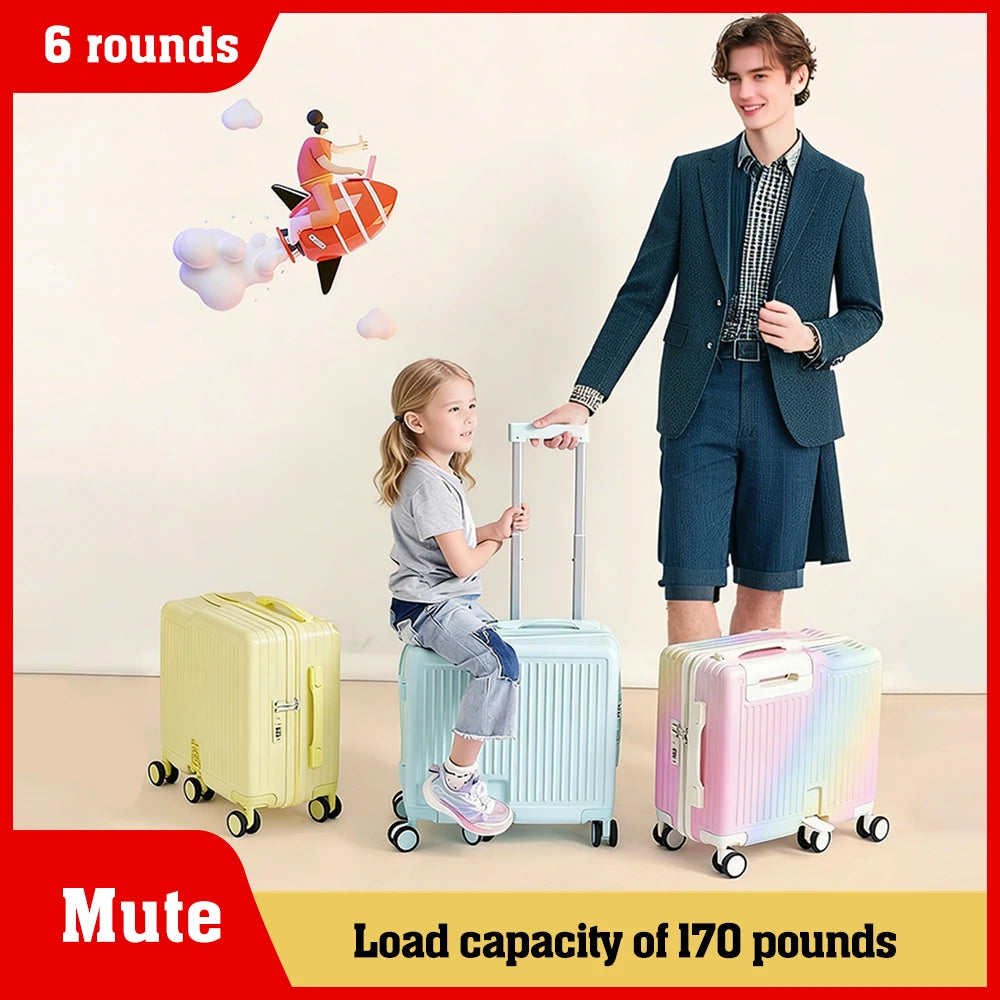 18"Hand Carry Luggage Portable Boarding Bagage 6 Wheels ZIPPER lock luggage Can Sit Down Kids Luggage