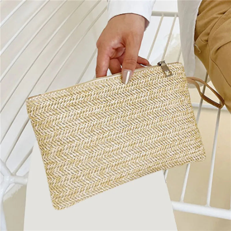 Clutch Bag for Women Handmade Backpack Fashion Ladies Wristlet Girl Phone Solid Straw Woven Coin Purse Beach Wallet Fresh Sweet