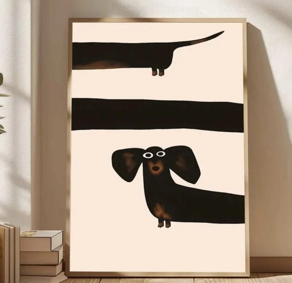 Playful Mid-Century Dog Wall Art - Textured Impasto Print of Curious Dachshunds, Blending Clean Geometric Lines with Warm Earth