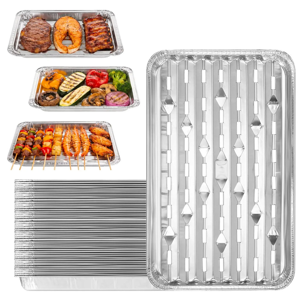 5/10-Pack 33x23cm Food-Grade Aluminum Foil Disposable BBQ Trays, Perforated for Meat Veg Seafood, Easy Outdoor Grilling Cleanup