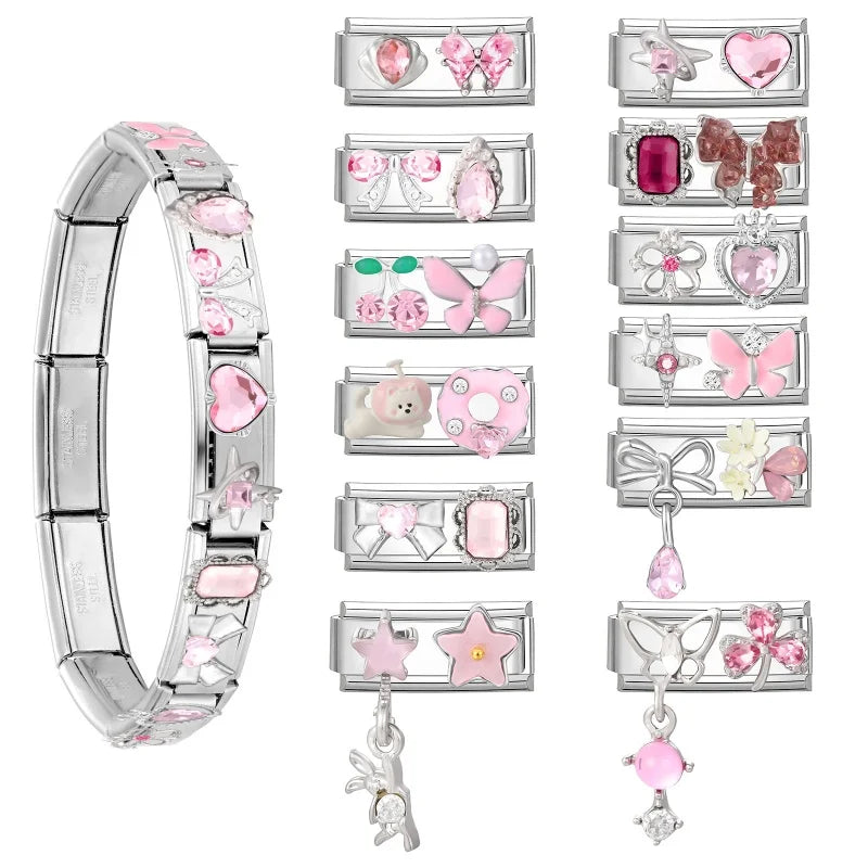 Y2K Zircon Pink Heart Star Butterfly Bow Long Italian Charm Link Fit 9mm Bracelet Stainless Steel Women DIY Making Jewelry Gifts