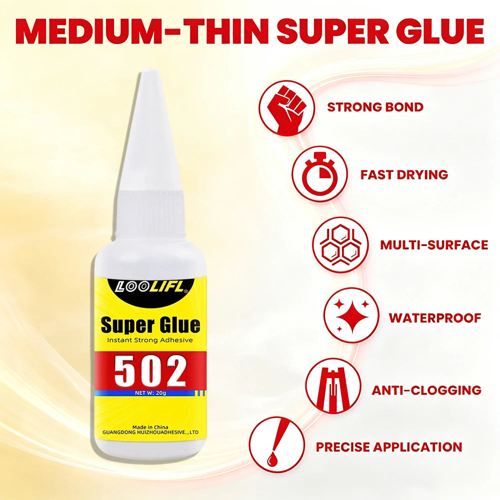 Loolifl 502 Super Glue Low Odor Fast Dry Instant Strong Adhesive Multi-Purpose Repair Glue for Wood Metal Plastic Ceramic Shoes