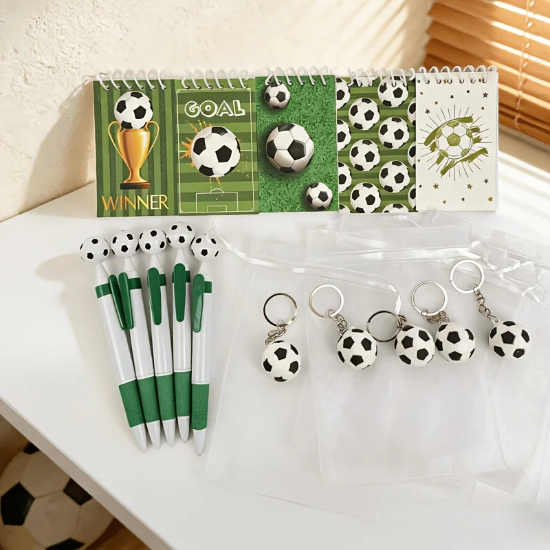 Soccer Theme Stationery Gift Pack of 10, Pocket Notebooks, Soccer Keychains, Soccer Pens, Gift Bags, Party Favors, School Gifts.